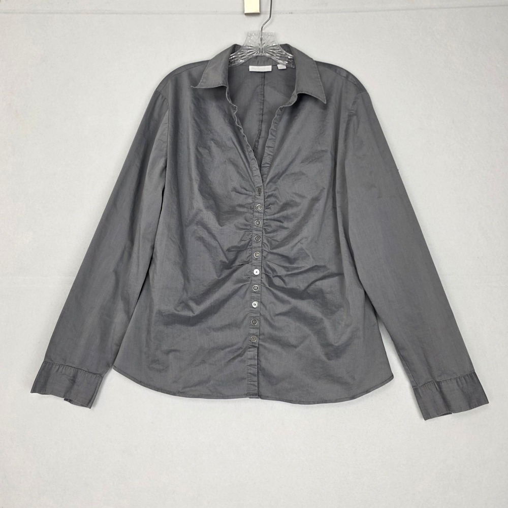 New York & Company Grey Ruched Front Stretch Button Down Shirt Womens XL